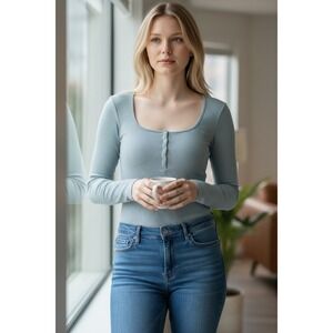 American Eagle Ribbed Square Neck Long Sleeve Bodysuit Gray Size L